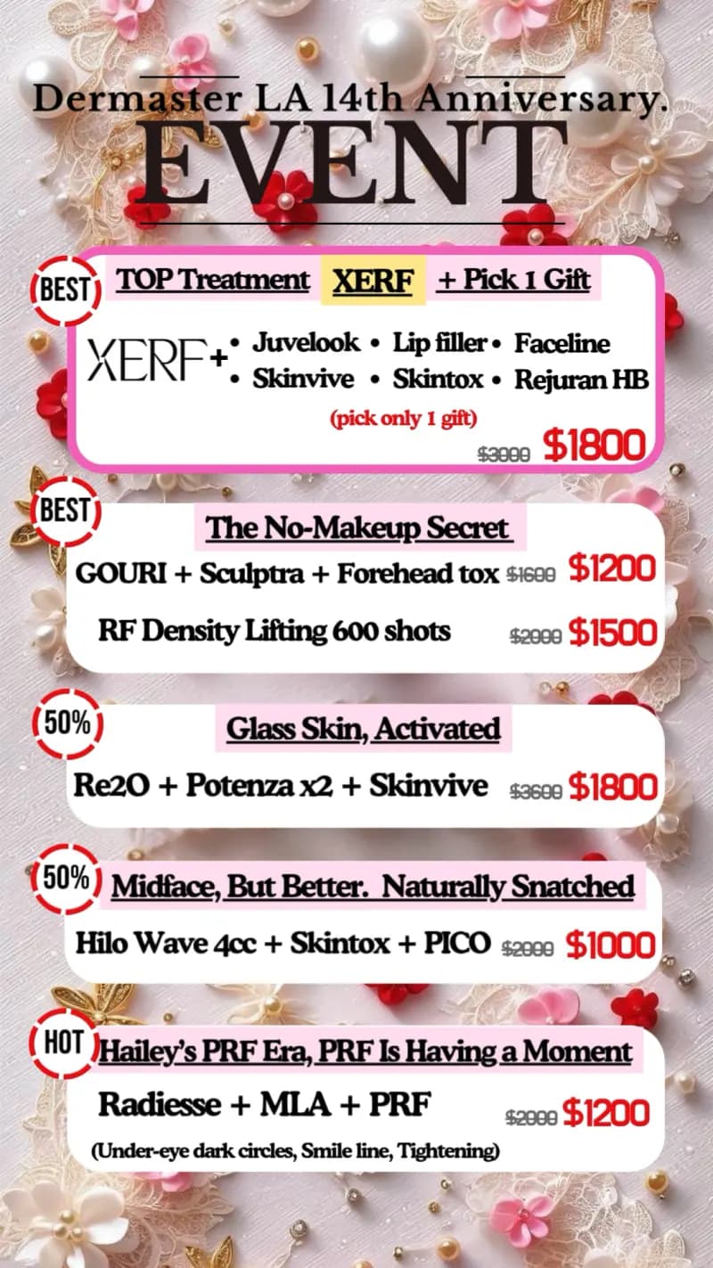 Dermaster LA 14th anniversary specials, September 2026: medspa packages in Koreatown, Los Angeles with XERF, Density and PRF