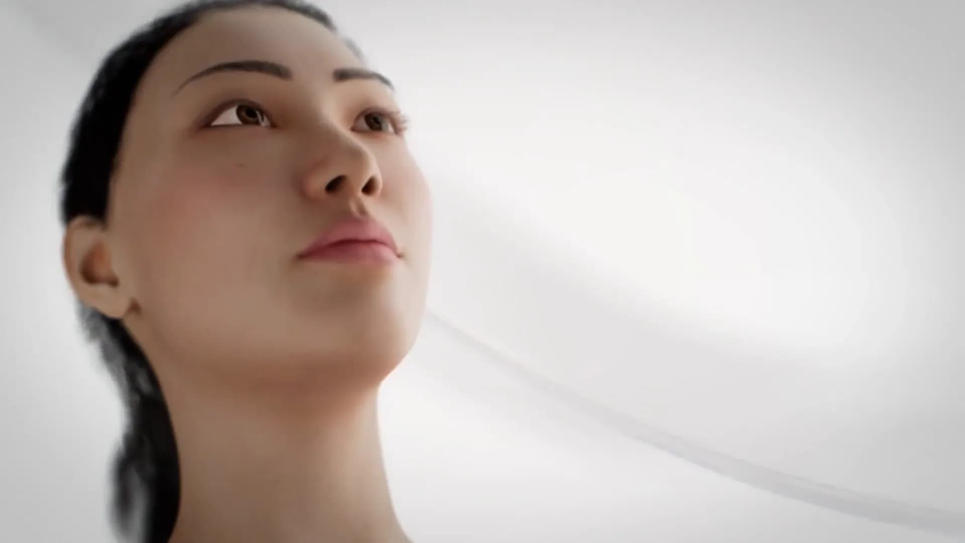 A model’s face turned to the light, from the XERF explainer film