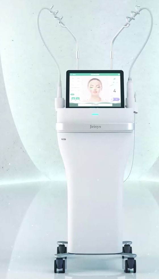The Potenza device in a light studio setting, with two handpieces docked beside its touchscreen