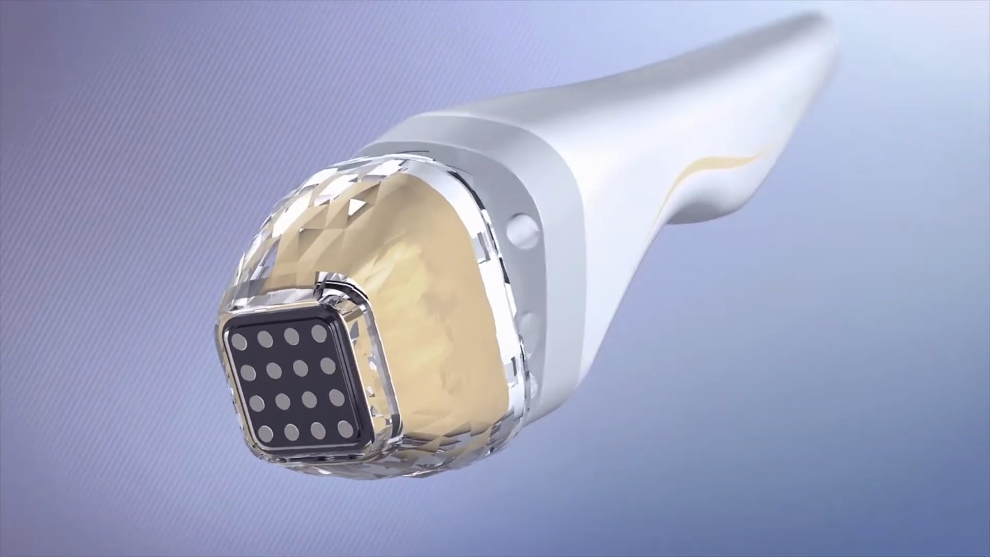 The gold Potenza Diamond tip on the non-invasive handpiece, from Jeisys Medical's film