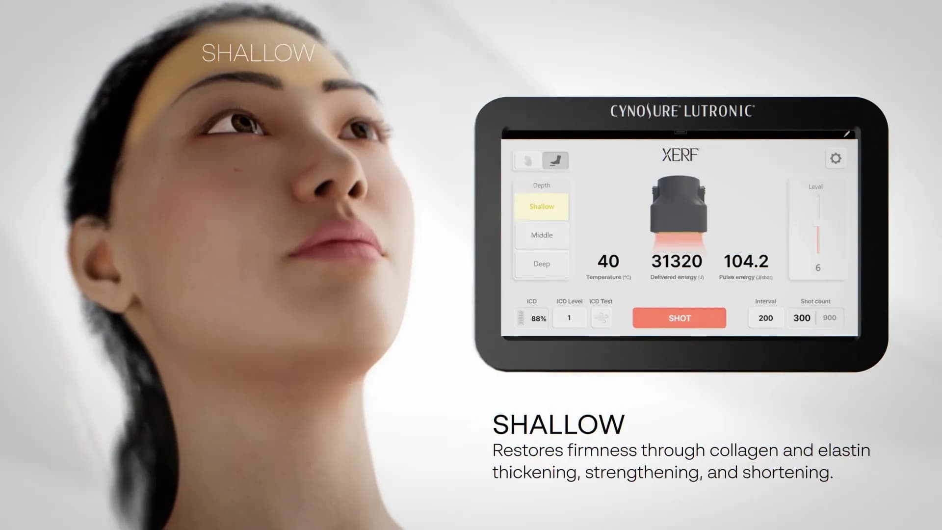 The XERF shallow depth setting mapped on a model’s face beside the device screen