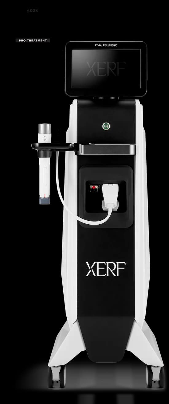 The XERF radiofrequency device by Cynosure Lutronic, with its handpiece docked and the Harper’s Bazaar 2025 Editor’s Choice seal